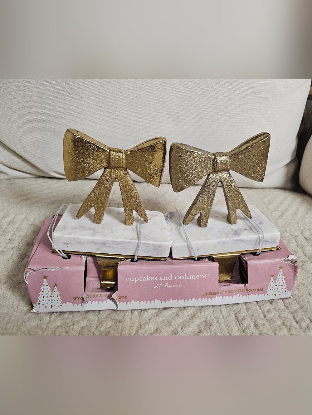 cupcakes & cashmere Gold Bow Stocking Holders Christmas Decor READ